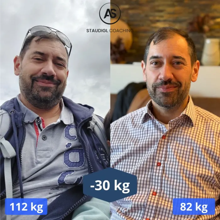 Vorher-Nachher-Bild von Bernhard Reischl: von 112 kg auf 82 kg
