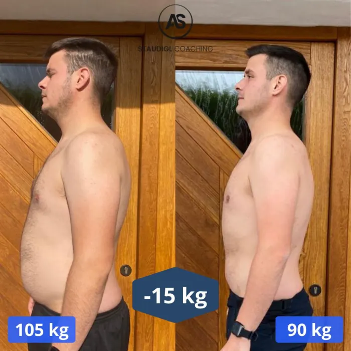 Vorher-Nachher-Bild von Mario Schwarz: von 105 kg auf 90 kg