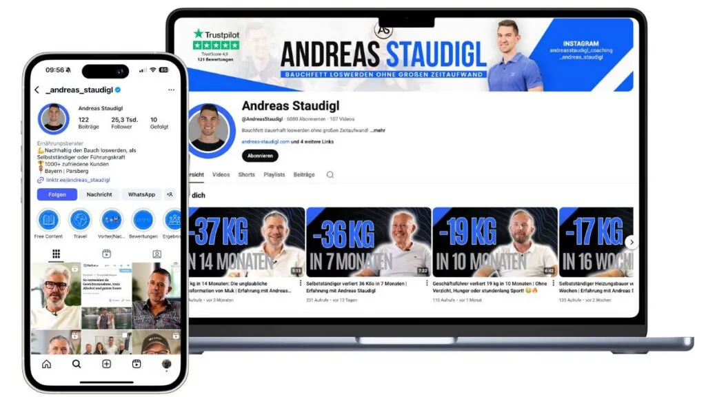 YouTube-Kanal und Instagram-Profil von Andreas Staudigl auf Laptop und Smartphone